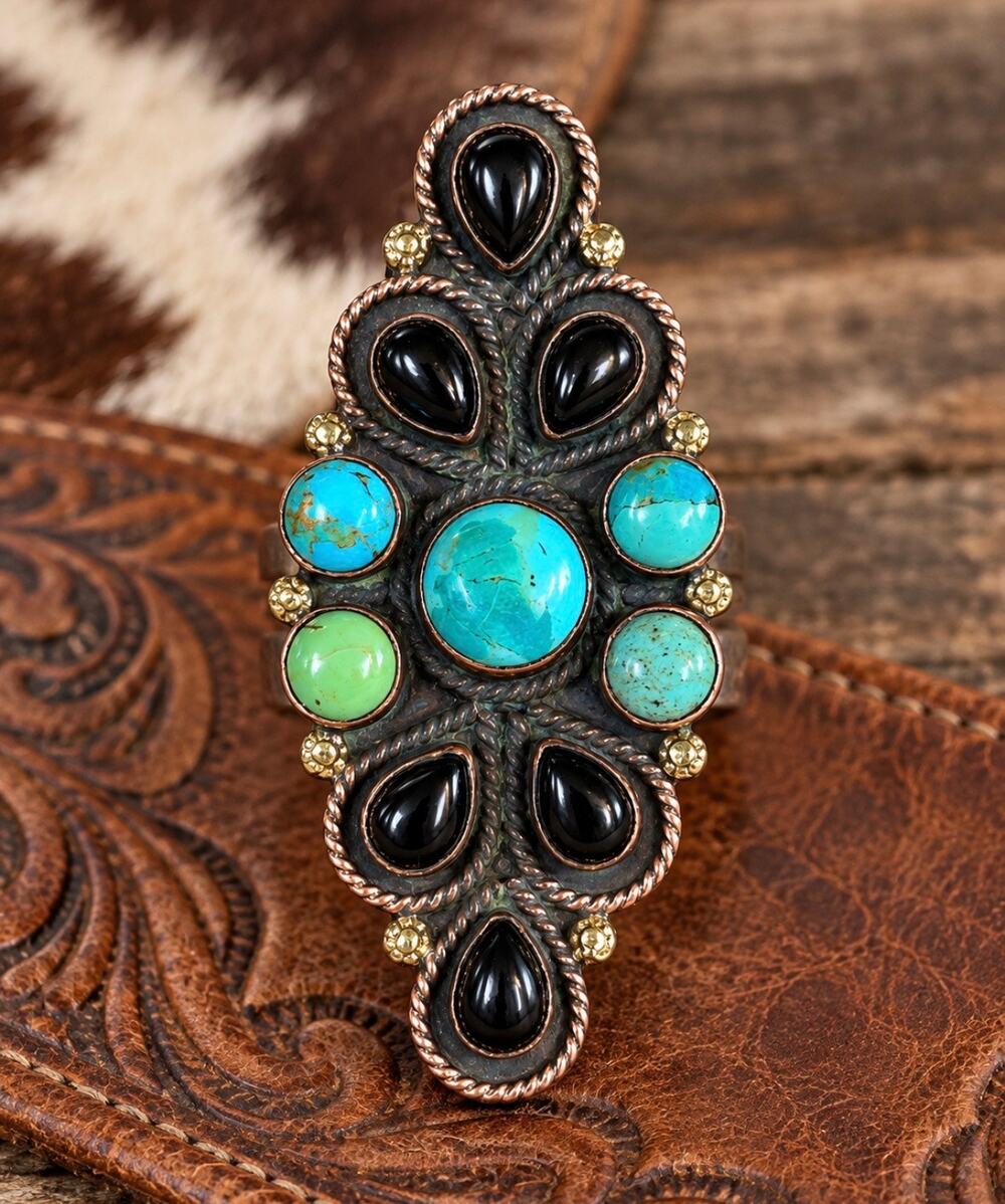 Turquoise & Black Onyx Multistone Copper Statement Ring adjustable 5-9